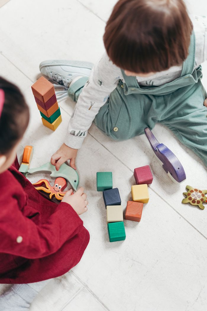 About Two young children playing with colorful wooden blocks indoors, fostering creativity and fun.